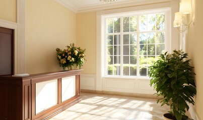 a reception in neocelassical style wite warm colors, Generative AI