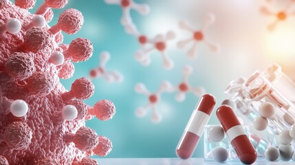 Drug Discovery: Advancing Molecular Science and Pharmaceuticals, Vibrant depiction of a virus and capsules, highlighting pharmaceutical science and health concepts.