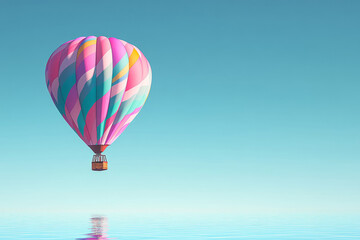 Fototapeta premium Colorful Hot Air Balloon Floating Above a Calm Reflective Water Surface Against a Clear Sky