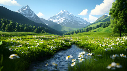 Sunlit Alpine Meadow with Wildflowers and Mountain View