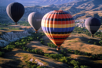 Obraz premium Hot Air Balloons Floating Over Scenic Rolling Hills and Valleys at Sunrise