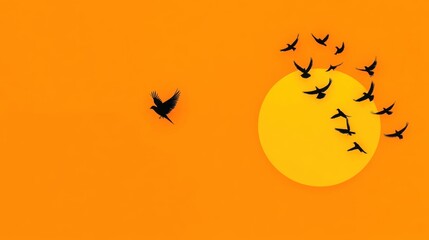 Silhouette of Flying Birds on Plain Orange Background, Makar Sankranti Theme with Cute Chibi Icon, Isolated on White, Ample Copy Space