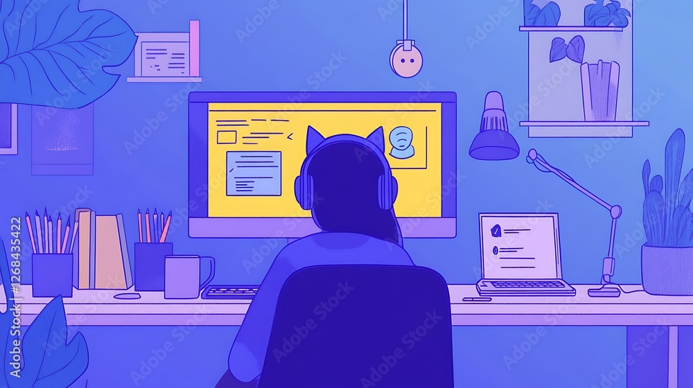 Poster person working from home at desk with computer