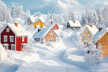 Charming Snowy Village with Colorful Houses in Winter Wonderland