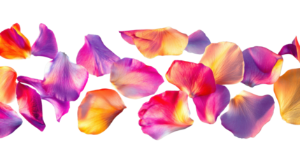 Colorful rose petals falling on transparent background