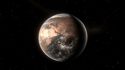 Obraz premium Planet with Predominantly Brown Landmasses and Swirling Clouds set Against a Star Filled Backdrop