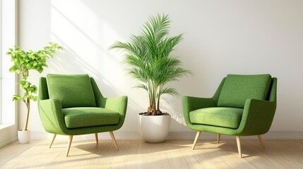 Minimalist interior design with a green armchair and a plant on a wooden floor near a white wall background, simple home decor for a living room or bedroom.