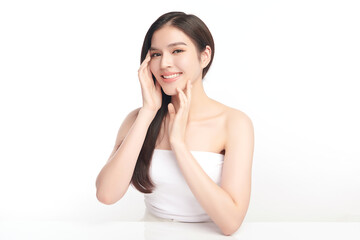 Naklejka premium Beautiful young asian woman with clean fresh skin on white background, Face care, Facial treatment, Cosmetology, beauty and spa, Asian women portrait.