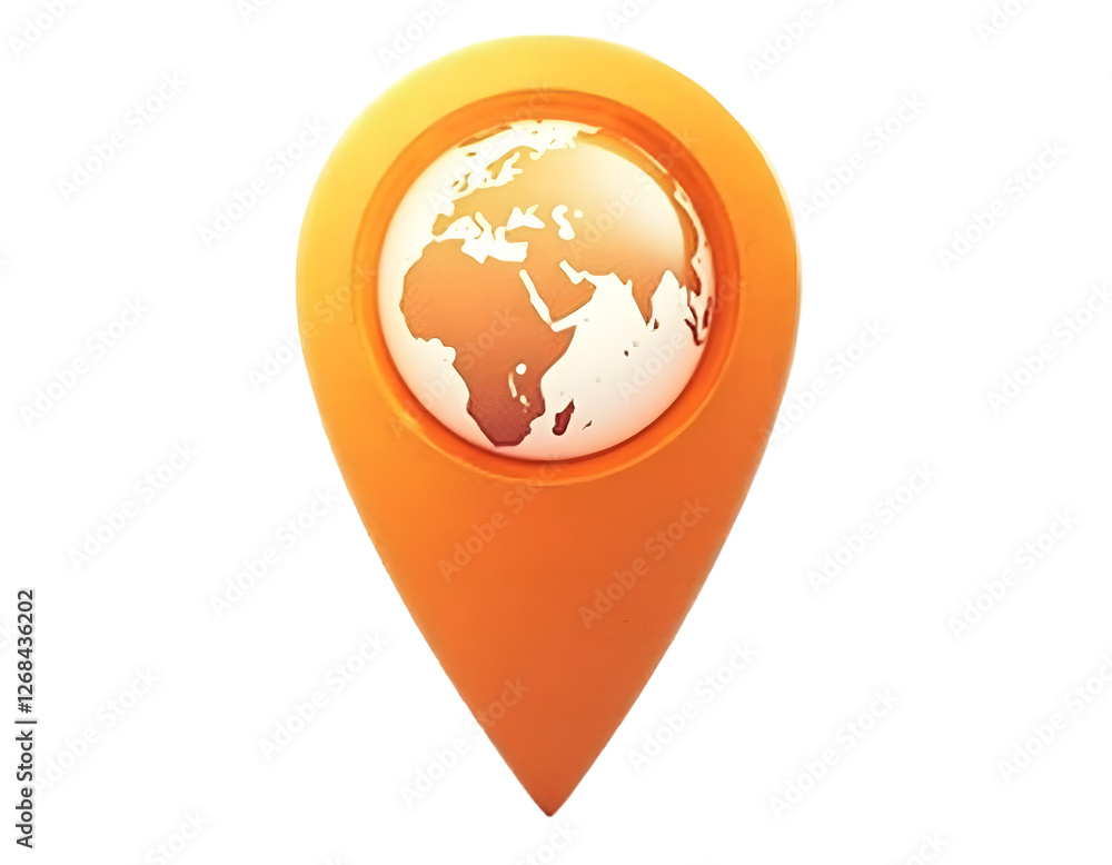 Poster global positioning system: orange map pointer with world map