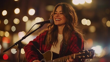Nighttime Acoustic Performance: A Joyful Singer