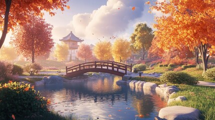 Obraz premium Serene autumnal Japanese garden with bridge, pagoda, and colorful foliage.