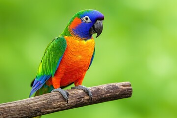 Naklejka premium A vibrant parrot with blue, green, orange, and yellow plumage perched on a branch against a blurred green background.