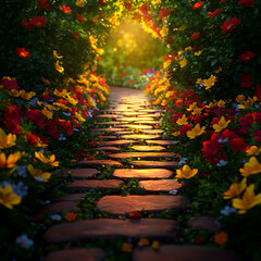 Sunlit Cobblestone Path Through Vibrant Flower Garden