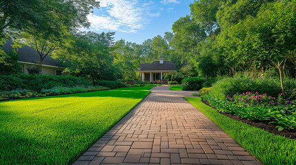View of the smooth and evenly laid brick paving stones forming a beautiful path through the lush green garden