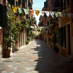 Fototapeta premium Sunlit Cobblestone Street in Historic Italian City