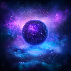 Obraz premium Quantum Sphere of the Universe Connecting Networks in a Colorful Nebula of Cosmic Exploration