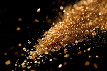 Brown sugar crystals cascade against a stark black backdrop