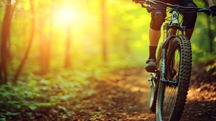 Naklejka premium A mountain biker rides through a sunlit forest trail, showcasing the beauty of nature and outdoor adventure.