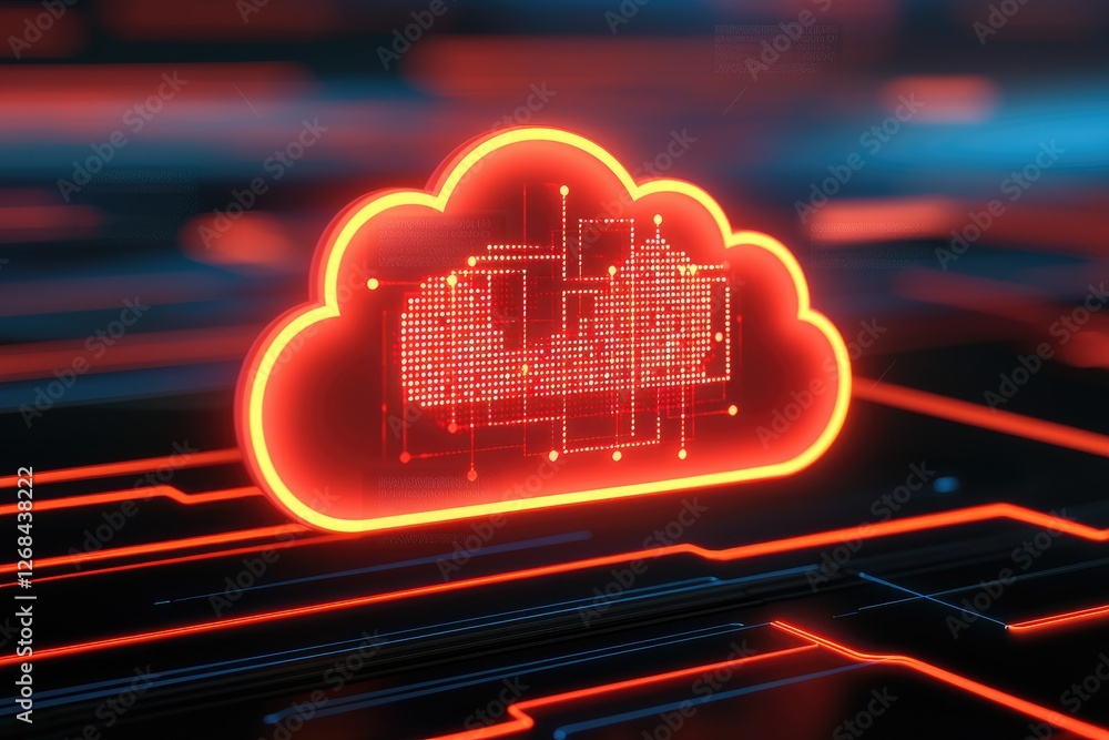 Poster a glowing red cloud icon over a digital circuit background, symbolizing cloud computing and data tra