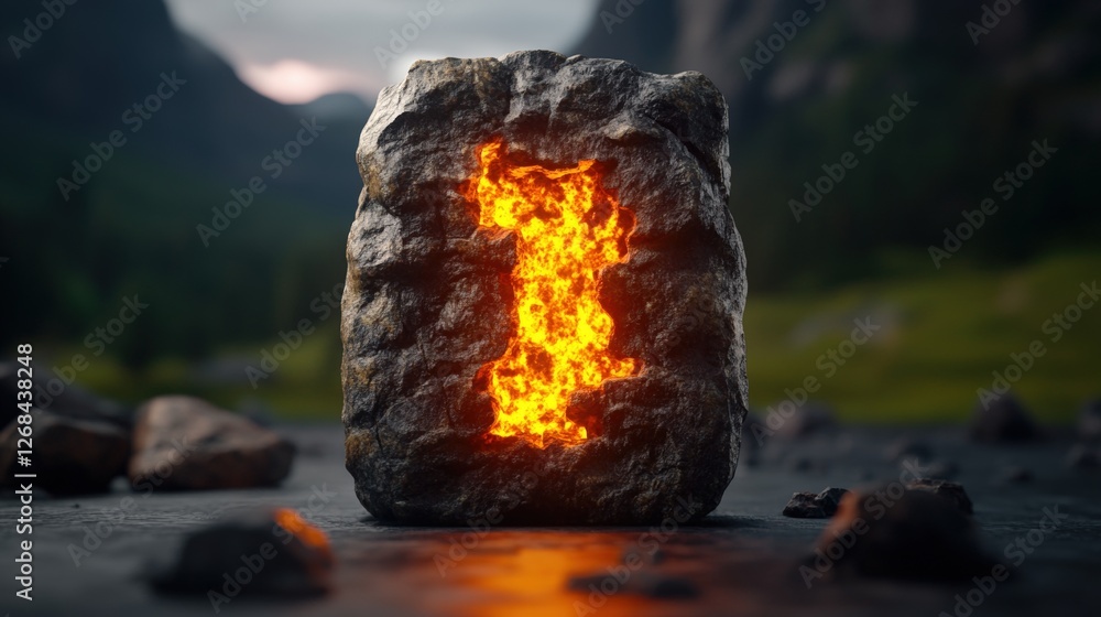 Poster rock with fire and glowing doorway inviting exploration in mysterious setting