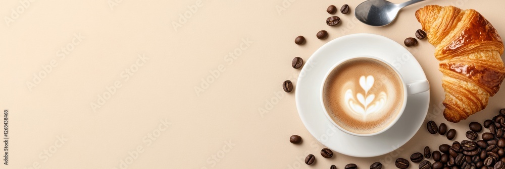 Poster enjoying coffee and croissant in a cozy morning flat lay with espresso and roasted beans on a soft p