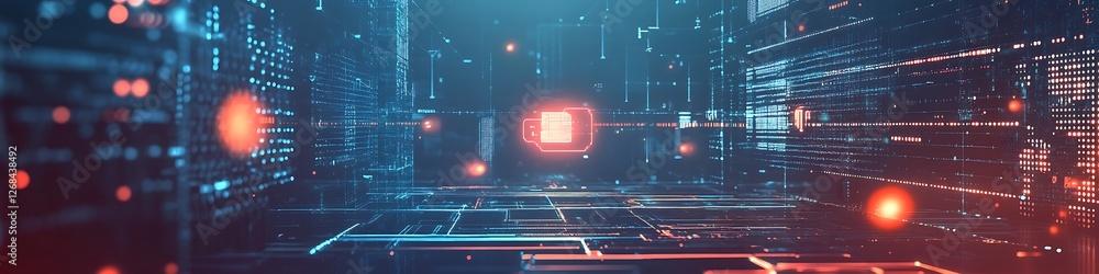 Poster abstract digital cityscape with glowing data streams