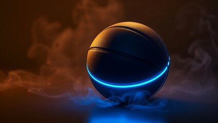 Fototapeta premium Futuristic basketball with glowing blue light, dark smoky background