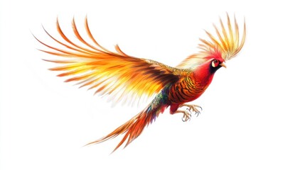 Obraz premium Vibrant golden pheasant in flight, isolated on white.