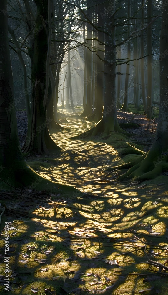 Poster a dreamlike forest where the trees are made of light, casting intricate patterns of glowing shadows 