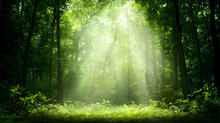 Obraz premium Sunlit Forest Path: Green Canopy and Light Beams