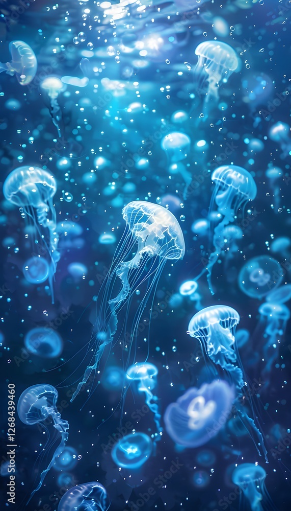 Poster a dreamlike underwater scene with glowing jellyfish and floating orbs of light, creating an ethereal