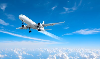 Obraz premium a silver airplane flies high in the blue sky and leaves a white trail. Generative AI