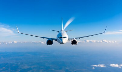 a silver airplane flies high in the blue sky and leaves a white trail. Generative AI