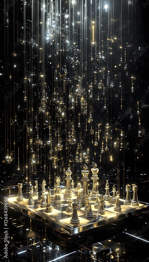 Aufkleber A levitating chessboard with glowing pieces, surrounded by cascading streams of light and infinite reflections in a dark void