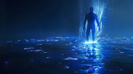 Obraz premium A humanoid silhouette formed by cascading water glowing with bioluminescence, standing in a vast dark expanse of rippling reflections