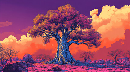 An Old Tree on Landscape. Vector Illustration, world forest day, International Day of Forests, world Tree day, Generative Ai