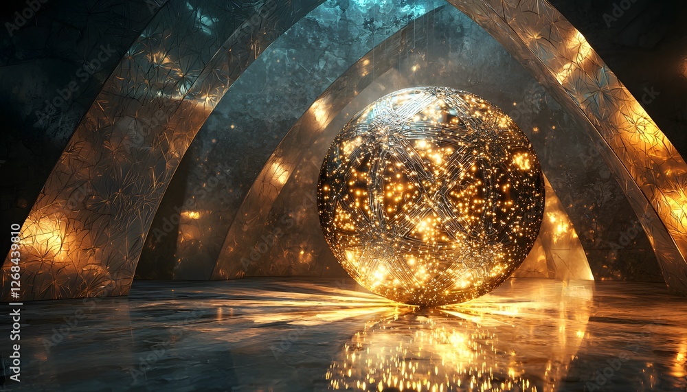 Leinwandbilder a conceptual piece showing a levitating orb of glowing gold and silver, radiating intricate patterns