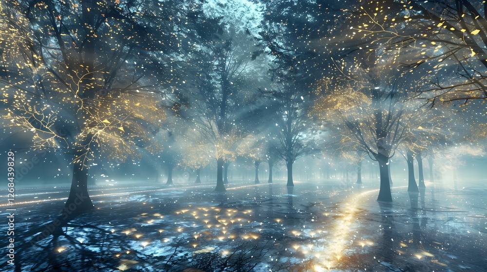 Aufkleber a surreal landscape of glowing trees with crystal branches, casting intricate patterns of light on a