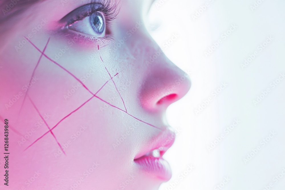 Poster close up view of a person with artistic facial markings against a soft glowing background. generativ
