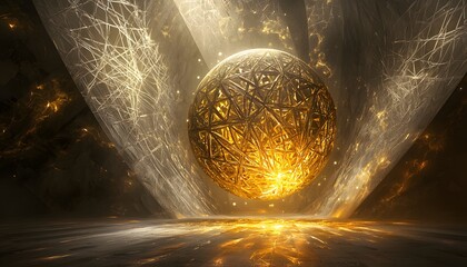 A conceptual piece showing a levitating orb of glowing gold and silver, radiating intricate patterns of light into the surrounding void