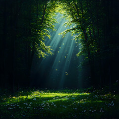 Obraz premium Sunlit Forest Path: Lush Green Trees and Golden Rays