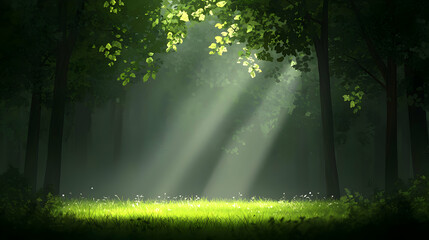 Obraz premium Sunlit Forest Path: Lush Green Trees and Magical Light Beams
