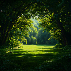 Fototapeta premium Sunlit Forest Path: Lush Green Trees and Grassy Meadow