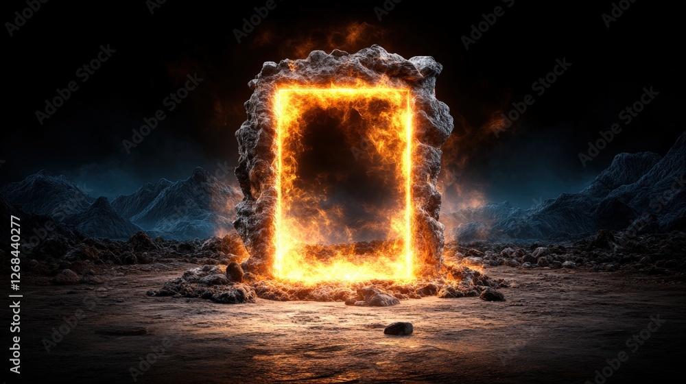 Poster fire burning in a dark room with an illuminated doorway creating a mysterious atmosphere