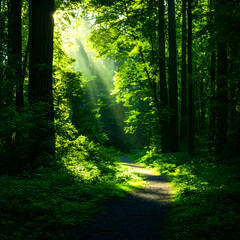 Fototapeta premium Sunlit Forest Path: Lush Green Trees and Sunlight Rays