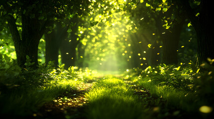 Fototapeta premium Sunlit Forest Path: Lush Green Trees and Vibrant Foliage