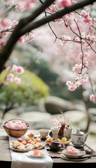A traditional Korean hanbok photo session in a blooming cherry blossom garden, with vibrant colors and soft spring light