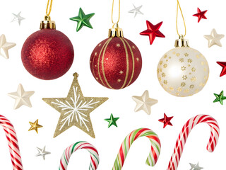 Decorative Christmas ornaments, candy canes, and festive stars arranged on a bright background for holiday celebration