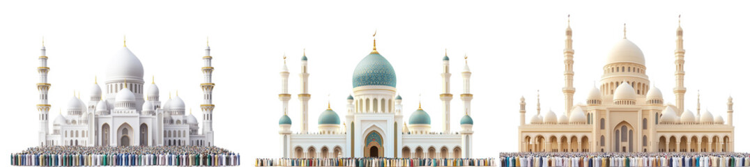 Set of a mosque full of worshippers for Eid prayer, isolated on a transparent background.