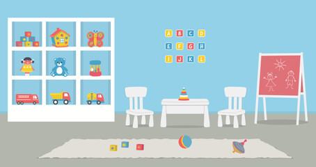 Playroom Interior. Kids' Room in Blue Color. Cabinet with Toys, Blackboard, Table, Two Chairs, Letters Alphabet. Vector Illustration